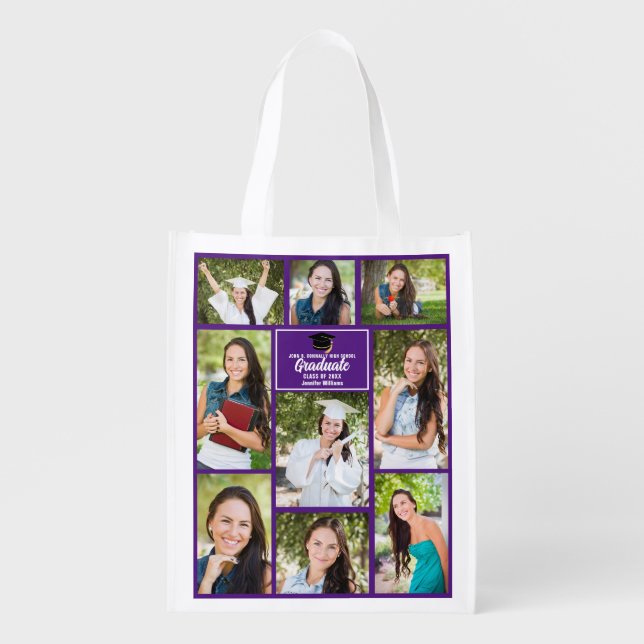 Purple Graduate Photo Collage Graduation Grocery Bag (Front)