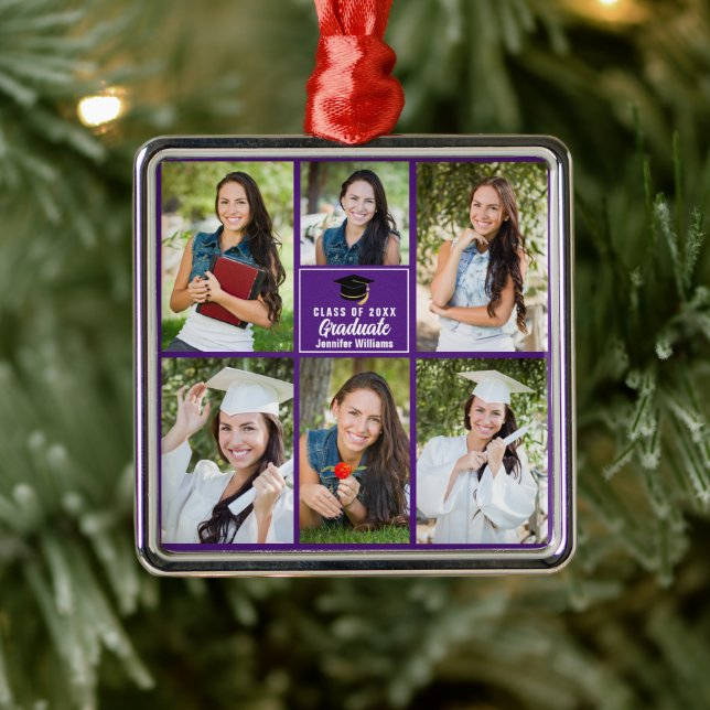 Purple Graduate Photo Collage Graduation Metal Ornament (Tree)