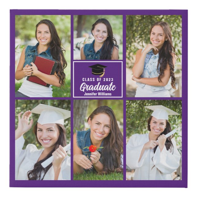 Purple Graduate Photo Collage Graduation Square Faux Canvas Print (Front)