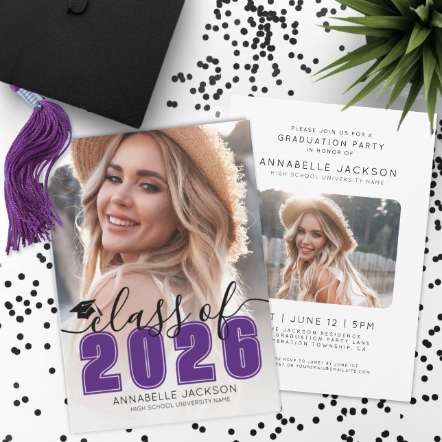 Purple Graduate Photo Graduation Invitation (Class Of 2026 Purple Graduate Photo Graduation Invitation)