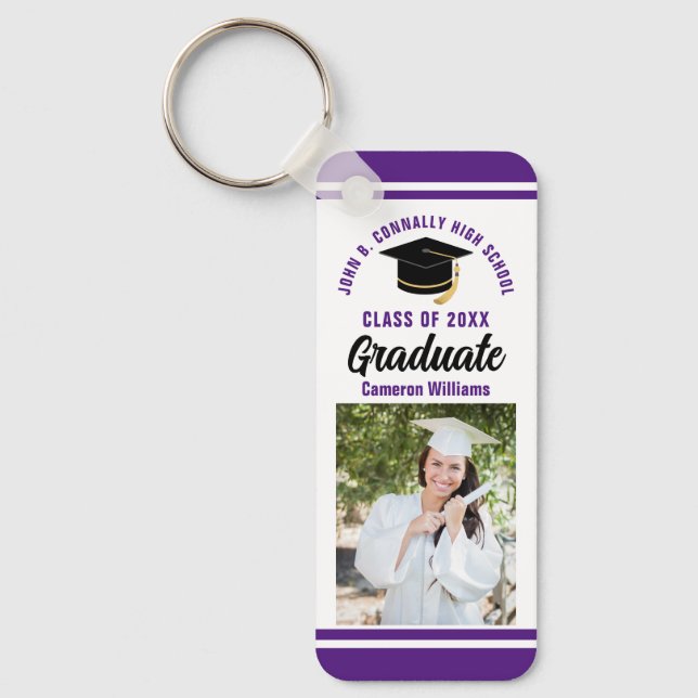 Purple Graduate Photo Personalized 2024 Graduation Keychain (Front)
