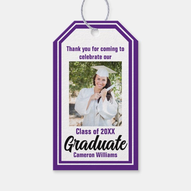 Purple Graduate Photo Personalized Graduation Gift Tags (Front)