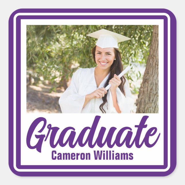 Purple Graduate Photo Personalized Graduation Square Sticker (Front)