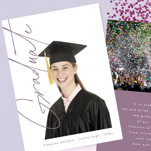Purple Graduate Text Photo High School Graduation Announcement