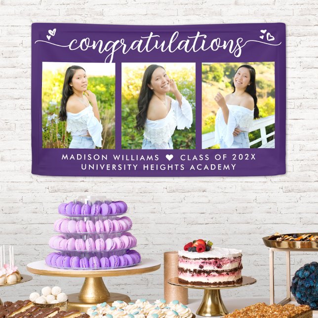 Purple Graduation 3 Photo Modern Calligraphy Heart Banner (Creator Uploaded)
