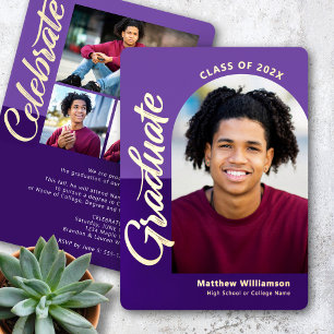 Purple Graduation 4 Photo Arch Party Real Gold Foil Invitation