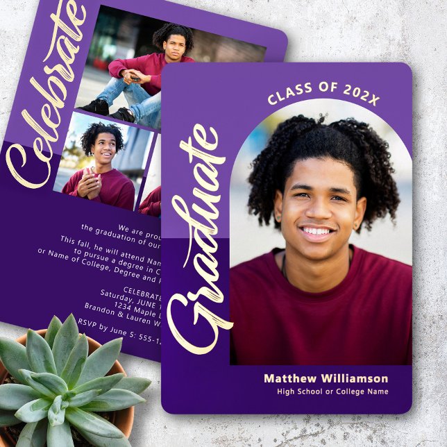Purple Graduation 4 Photo Arch Party Real Gold Foil Invitation (Creator Uploaded)