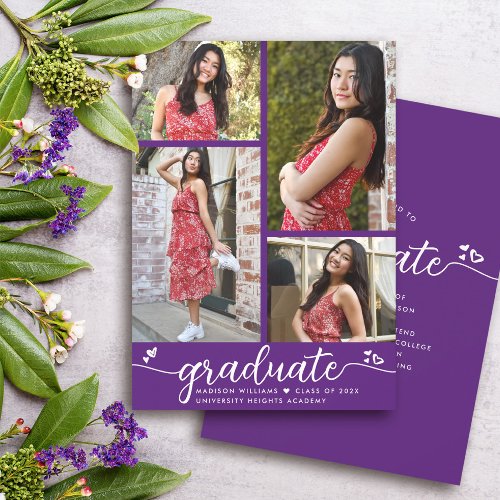 Purple Graduation 4 Photo Modern Script Hearts Announcement