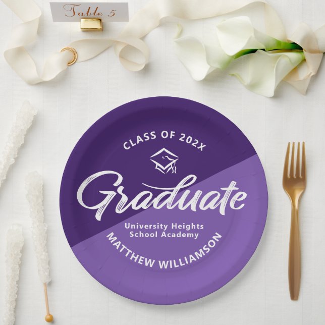 Purple Graduation Bold Retro Script Cap Icon Paper Plates (Wedding)