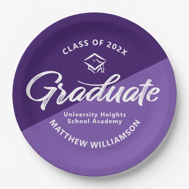 Purple Graduation Bold Retro Script Cap Icon Paper Plates (Front)