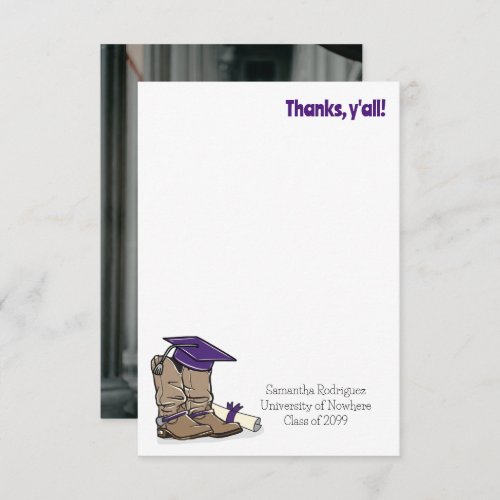 Purple Graduation Cap and Cowboy Boot Thank You Card