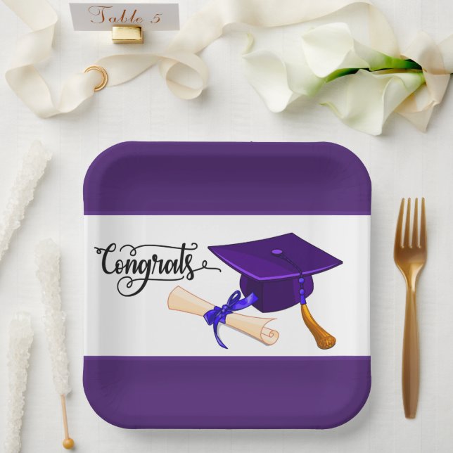 Purple Graduation Cap And Diploma  Paper Plates (Wedding)