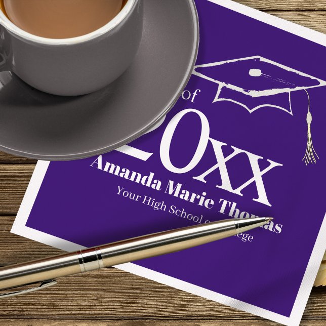 Purple Graduation Cap Class of 20XX Name Napkins (Celebrate your grad in style with a custom purple Class of 20XX party napkin.)
