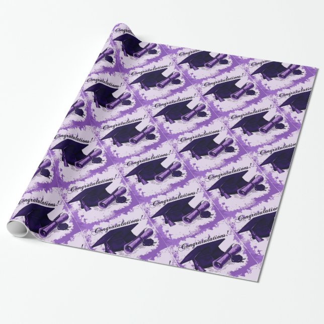 Purple Graduation Cap & Diploma Wrapping Paper (Unrolled)