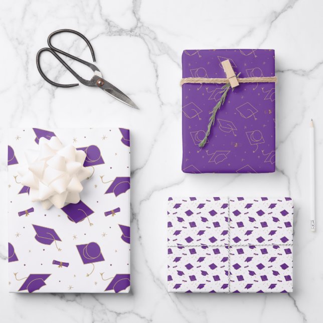 Purple Graduation Cap Toss Wrapping Paper Sheets (Front)