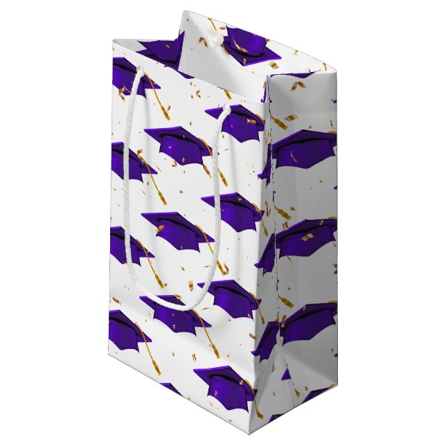Purple Graduation Cap with Confetti  Small Gift Bag (Front Angled)