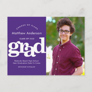 Purple graduation change of plans bold typography invitation postcard