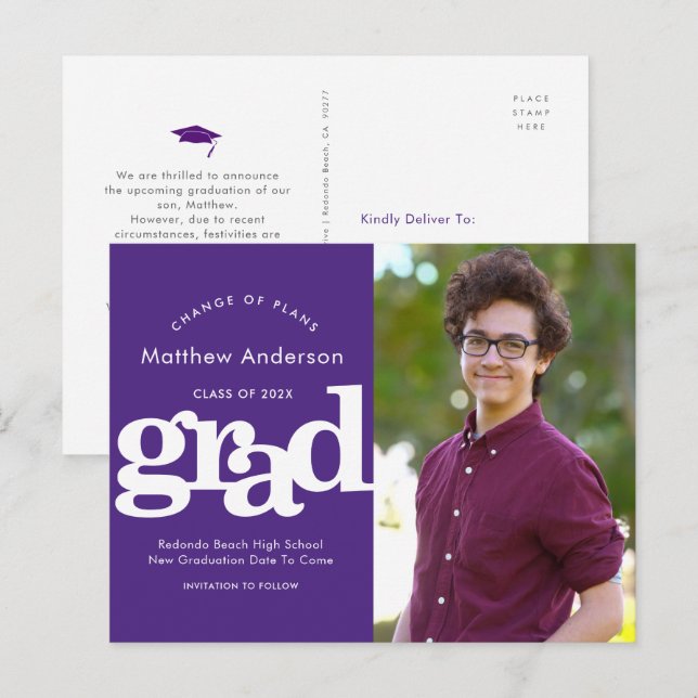 Purple graduation change of plans bold typography invitation postcard (Front/Back)