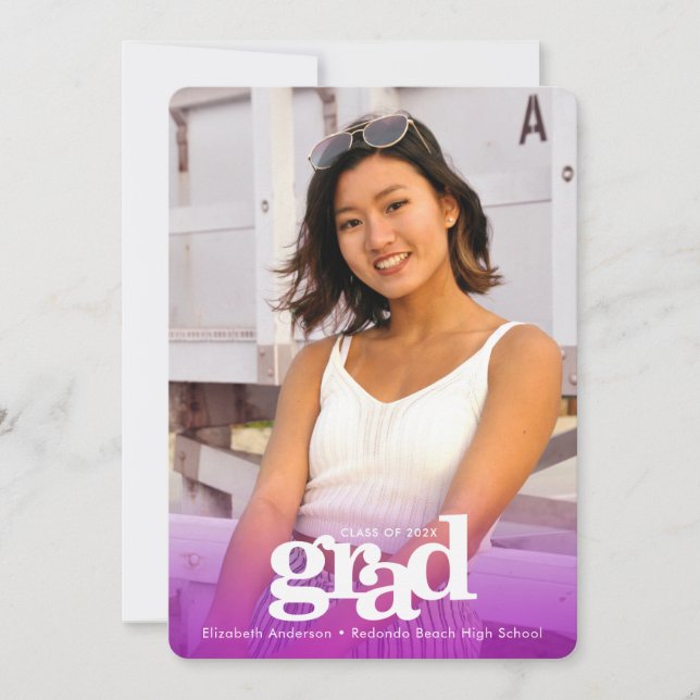 Purple graduation custom photo bold type modern announcement (Front)