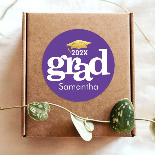 Purple Graduation Gold Bold Typography Modern Classic Round Sticker