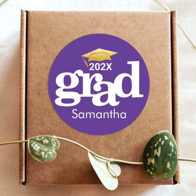 Purple Graduation Gold Bold Typography Modern Classic Round Sticker (Choose from 6 different colors!)