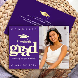 Purple graduation photo bold modern cap real gold foil invitation