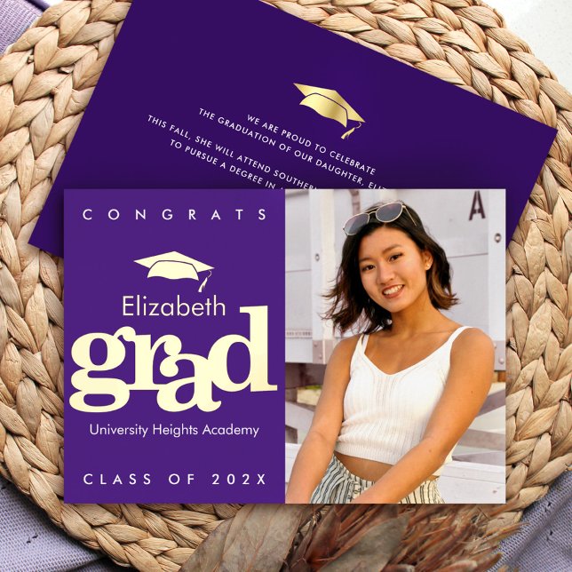 Purple graduation photo bold modern cap real gold foil invitation (Creator Uploaded)
