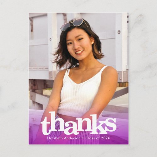 Purple graduation photo bold typography thank you postcard