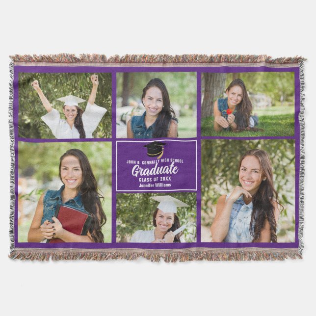 Purple Graduation Photo Collage Chic Custom Throw Blanket (Front)
