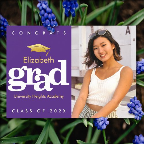 Purple graduation photo gold cap modern bold type  announcement