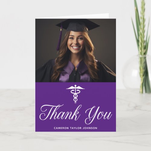Purple Graduation Photo Medical School Doctor Thank You Card