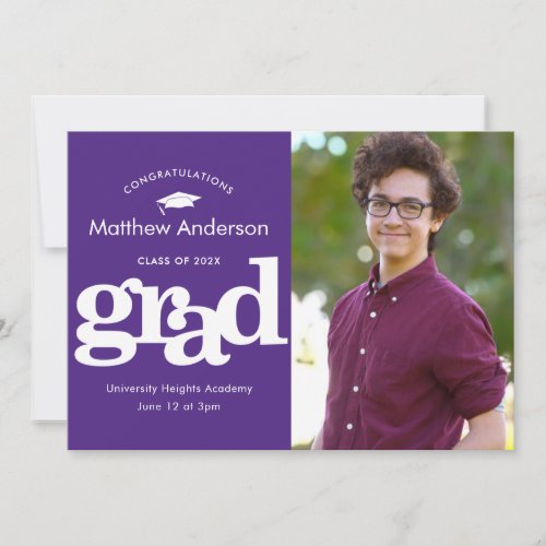 Purple graduation photo modern bold typography announcement