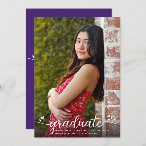 Purple Graduation Photo Modern Calligraphy Hearts Announcement