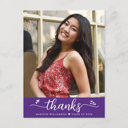 Purple Graduation Photo Script Hearts Thank You Postcard