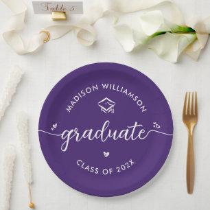 Purple Graduation Script Hearts Cap Icon Modern Paper Plates