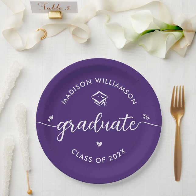 Purple Graduation Script Hearts Cap Icon Modern Paper Plates (Wedding)