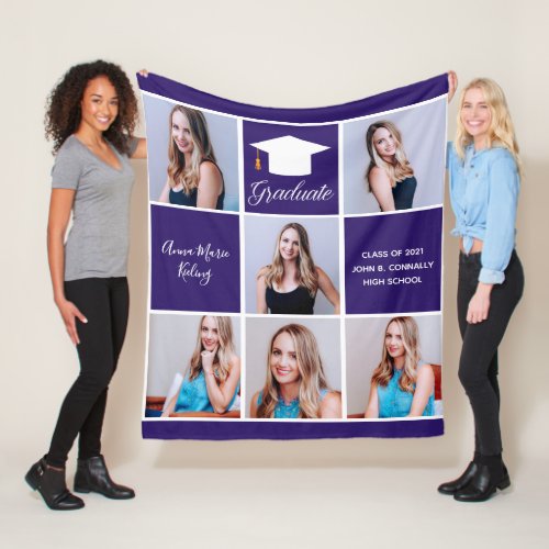 Purple Graduation Senior Photo Collage Custom Fleece Blanket