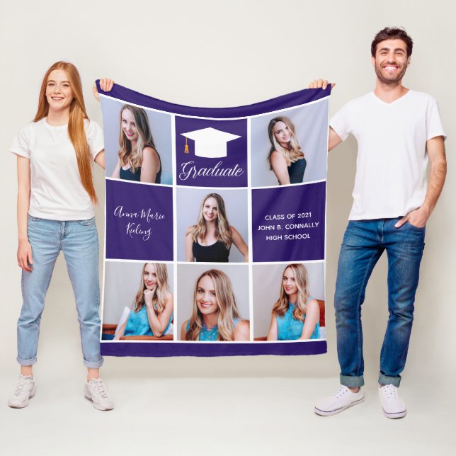 Purple Graduation Senior Photo Collage Custom Fleece Blanket (In Situ)