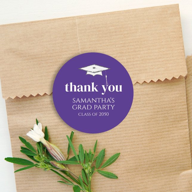 Purple Graduation Thank You Custom Party Classic Round Sticker (Creator Uploaded)
