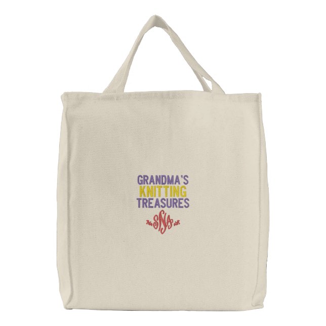 Purple Grandmas Knitting Treasures Monogram Embroidered Tote Bag (Front)