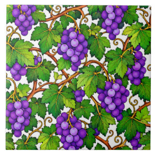 Purple Grapes and Green Vineyard Leaves Ceramic Tile