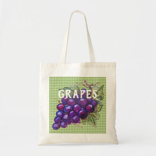 Purple Grapes Green Gingham Market Bag Fruit Wine