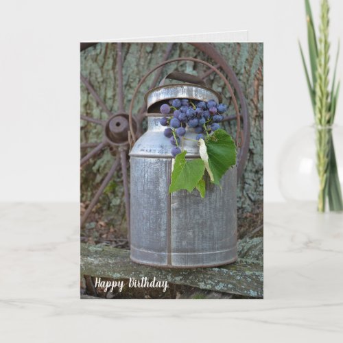 purple grapes in antique milk can birthday card