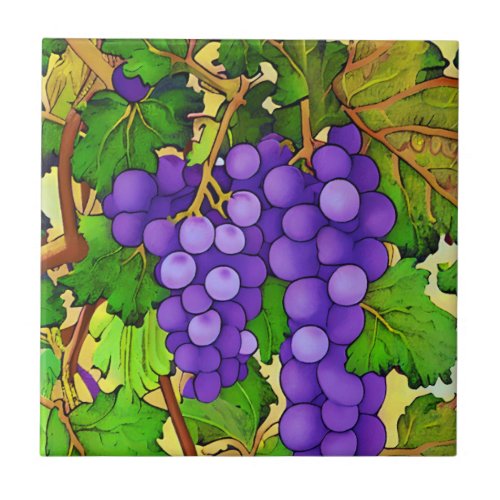 Purple Grapes on a Grapevine Ceramic Tile