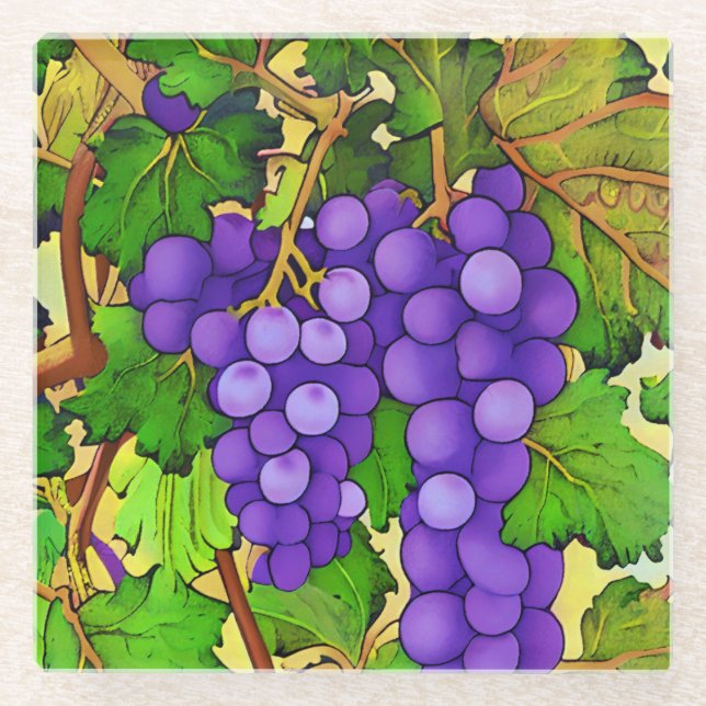 Purple Grapes on a Grapevine Glass Coaster (Front)