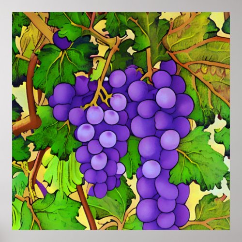 Purple Grapes on a Grapevine Poster