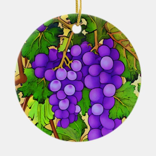 Purple Grapes on the Grapevine Ceramic Ornament
