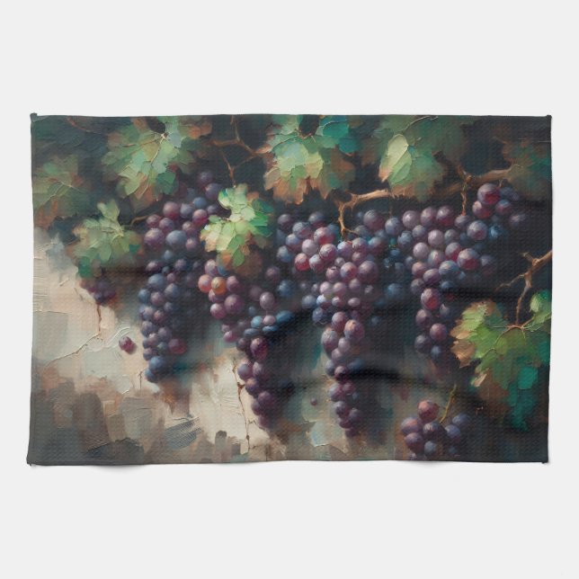 Purple Grapes on the Vine Oil Painting Kitchen Towel (Horizontal)