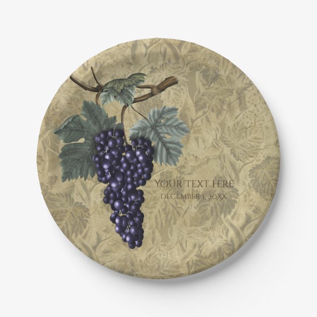 Purple Grapes Vineyard Wedding Bridal Party Paper Plates (Front)
