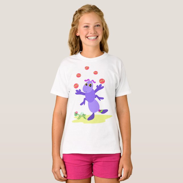 Purple Grasshopper Juggling Fun Creature  T-Shirt (Front Full)
